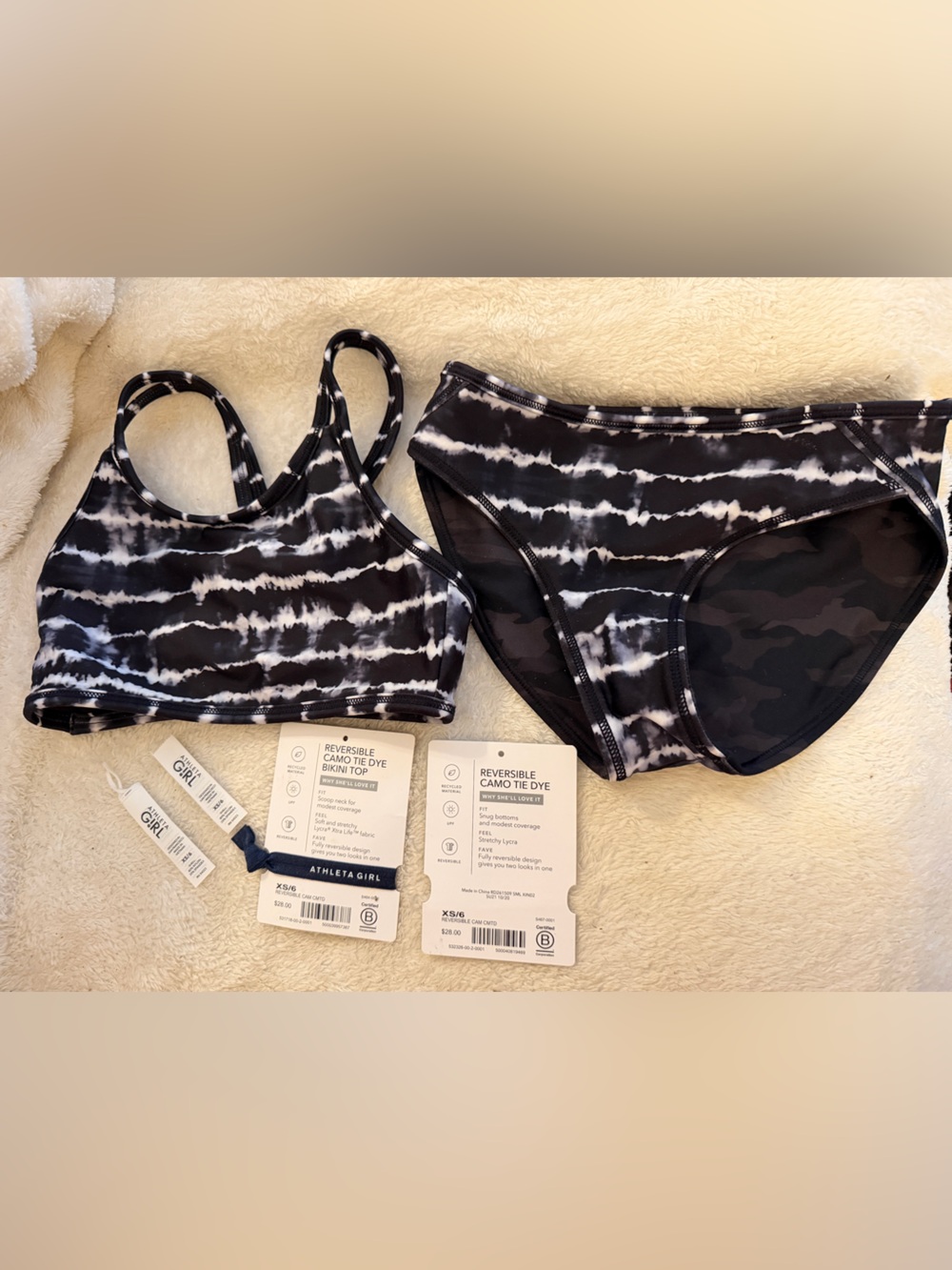Athleta Girl reversible, camo Black & White Tie-Dye Sports Bikini Set size 6